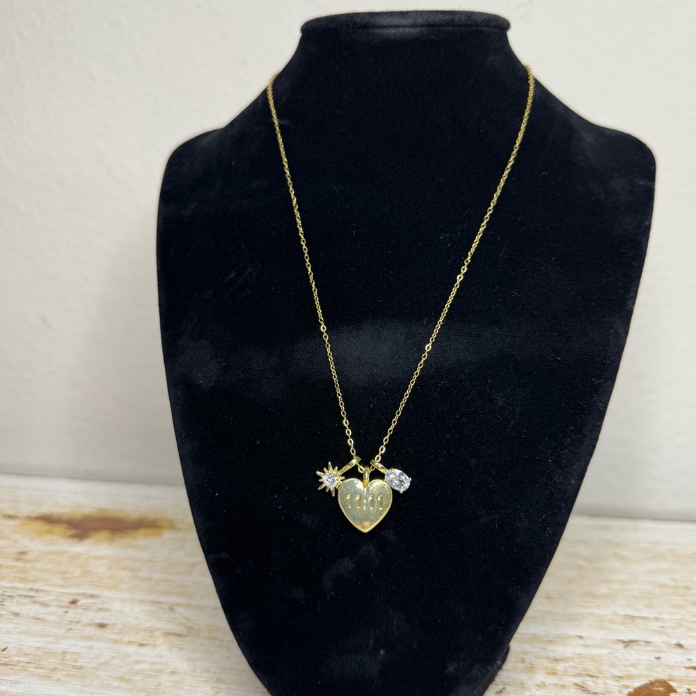 11:11 Angel Number Heart Necklace Rhinestone Charms 18K Gold Plated - Picture 4 of 4